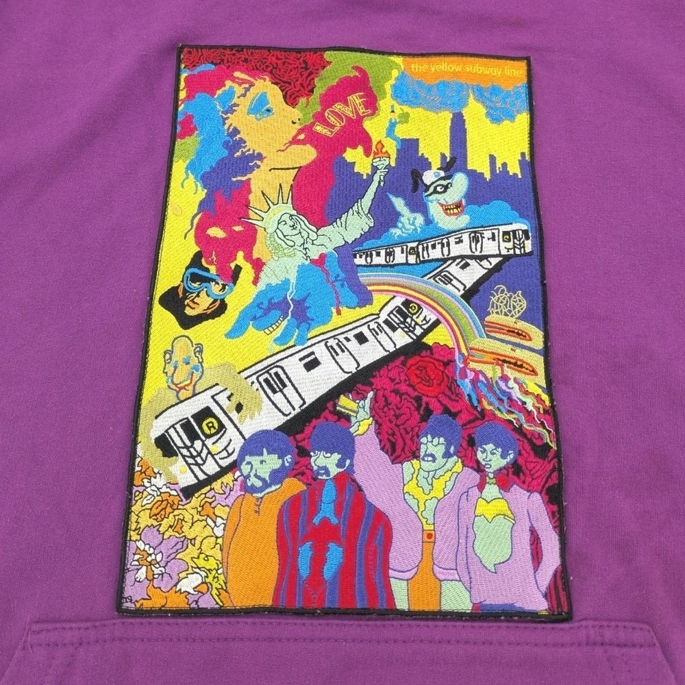 The Beatles Yellow Subway Line Hoodie Size M Purple PJ ORourke Art Patch Vibrant